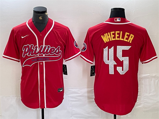 Men's Philadelphia Phillies #45 Zack Wheeler Red 2024 City Connect Stitched Jersey Men's Philadelphia Phillies #45 Zack Wheeler Red 2024 City Connect Stitched Jersey